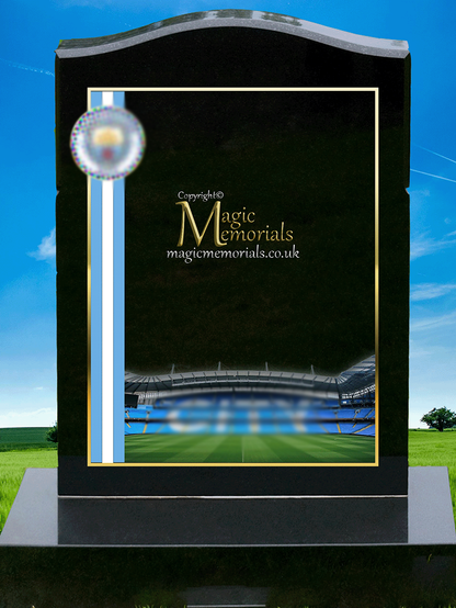 Manchester City Supporter Memorial Headstone crafted from premium granite, featuring high-resolution images and a personalised inscription. A meaningful tribute for devoted Sky Blues fans, fully customisable with names, dates, and heartfelt messages.