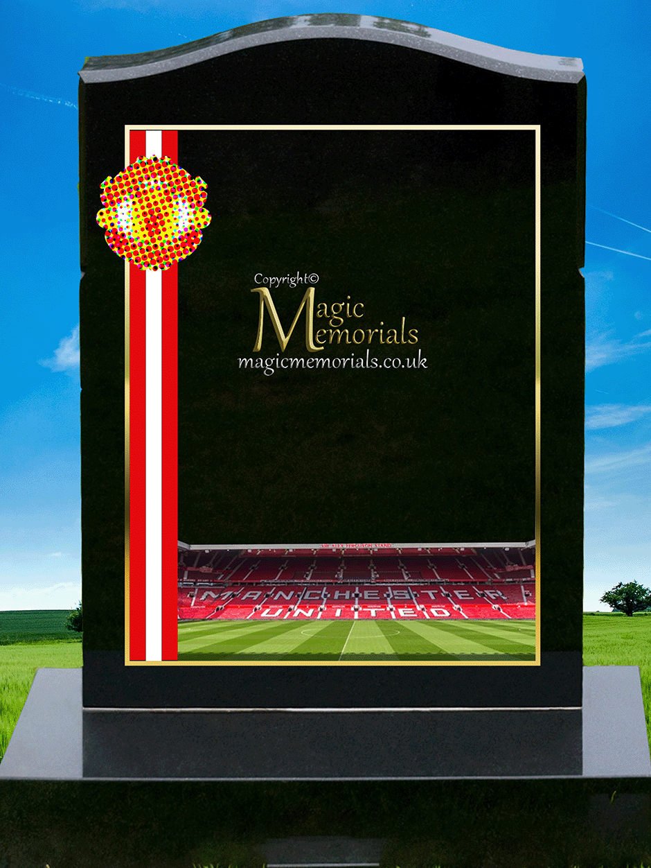Manchester United Supporter Memorial Headstone crafted from premium granite, featuring high-resolution images and a personalised inscription. A meaningful tribute for devoted Red Devils fans, fully customisable with names, dates, and heartfelt messages.