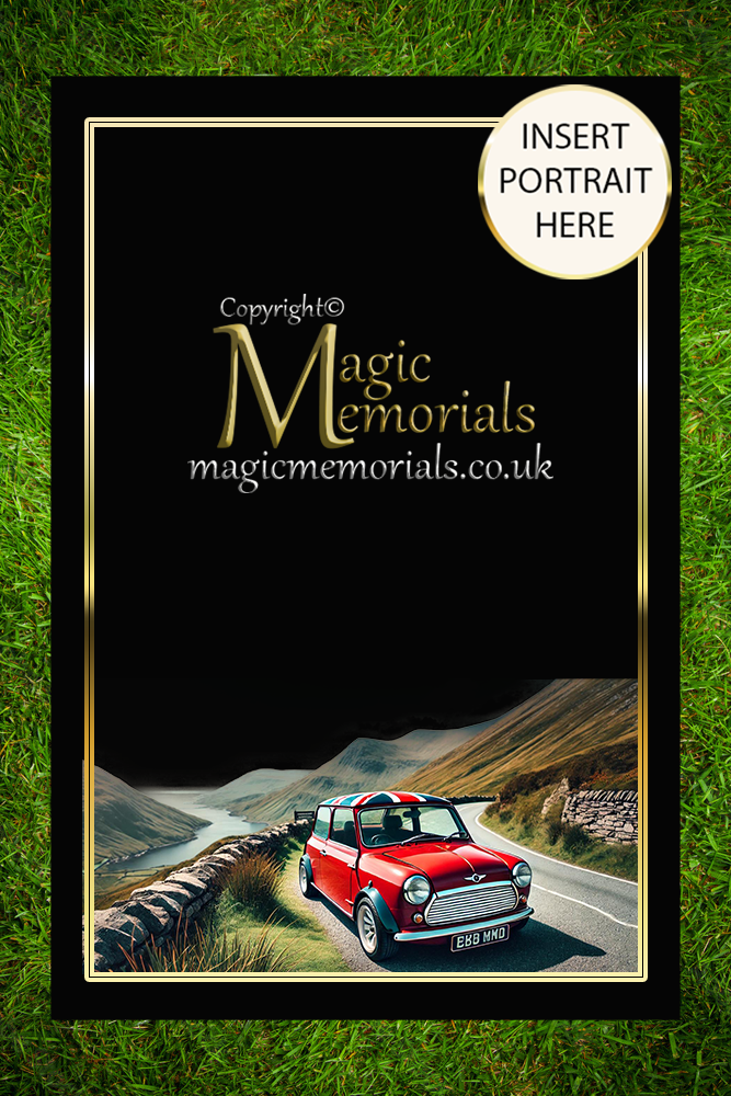 Granite cremation tablet for a car enthusiast, with personalised inscription and custom vehicle artwork added after order. A respectful tribute to a passionate motor lover.