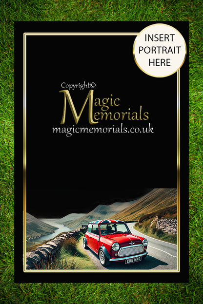 Granite cremation tablet for a car enthusiast, with personalised inscription and custom vehicle artwork added after order. A respectful tribute to a passionate motor lover.