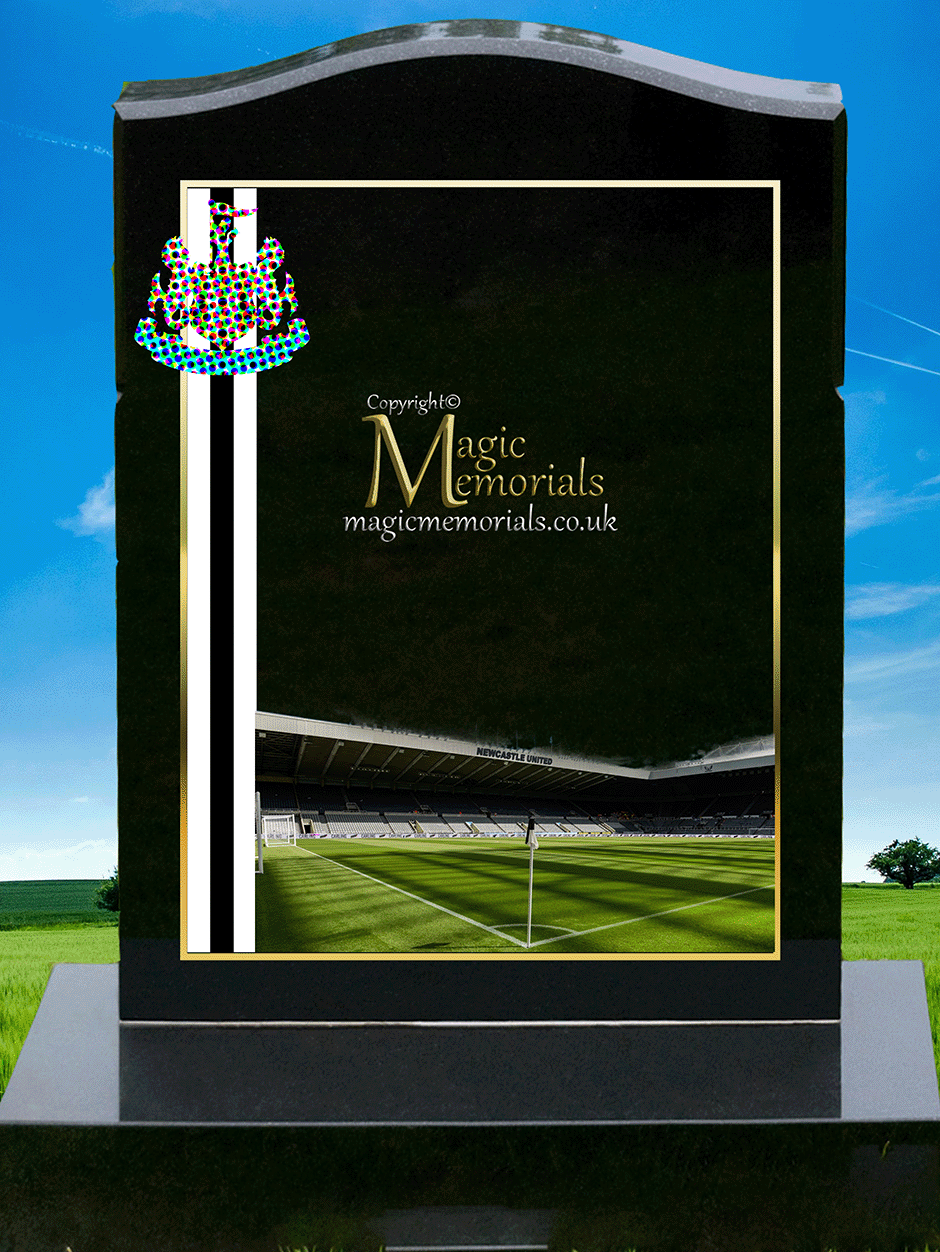 Newcastle United Supporter Memorial Headstone crafted from premium granite, featuring high-resolution images and a personalised inscription. A meaningful tribute for dedicated Magpies fans, fully customisable with names, dates, and messages.