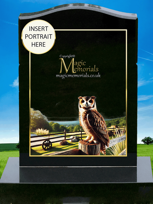 Owl Lover Memorial Headstone crafted from premium granite, featuring a beautifully engraved owl perched or in flight. A meaningful tribute for owl enthusiasts, symbolising wisdom, mystery, and spiritual connection. Fully customisable with inscriptions and artwork.