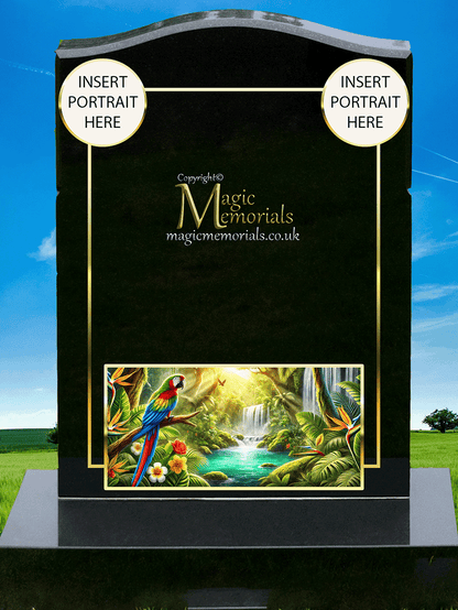 Parrot memorial headstone crafted from premium granite, featuring a beautifully engraved parrot perched on a branch or in flight. A heartfelt tribute symbolising joy, intelligence, and companionship.