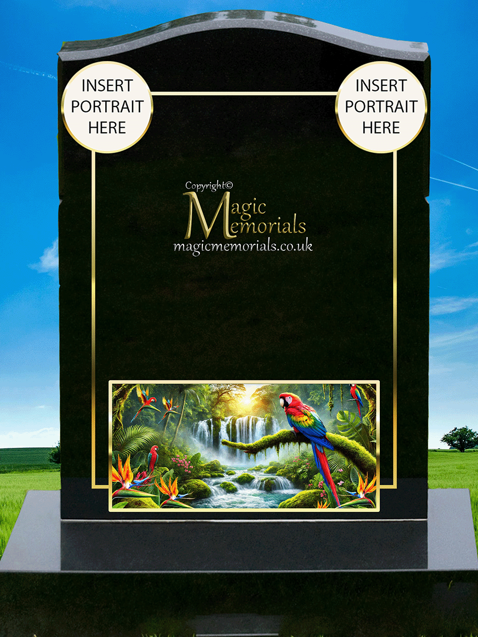Parrot memorial headstone crafted from premium granite, featuring a beautifully engraved parrot perched on a branch or in flight. A heartfelt tribute symbolising joy, intelligence, and companionship.