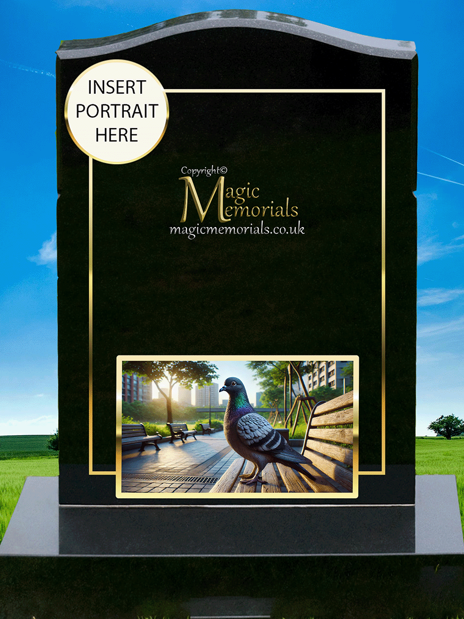 Pigeon Enthusiast Memorial Headstone crafted from premium granite, featuring a beautifully engraved pigeon in flight or at rest. A meaningful tribute for pigeon fanciers, racing enthusiasts, and bird lovers, fully customisable with inscriptions and artwork.