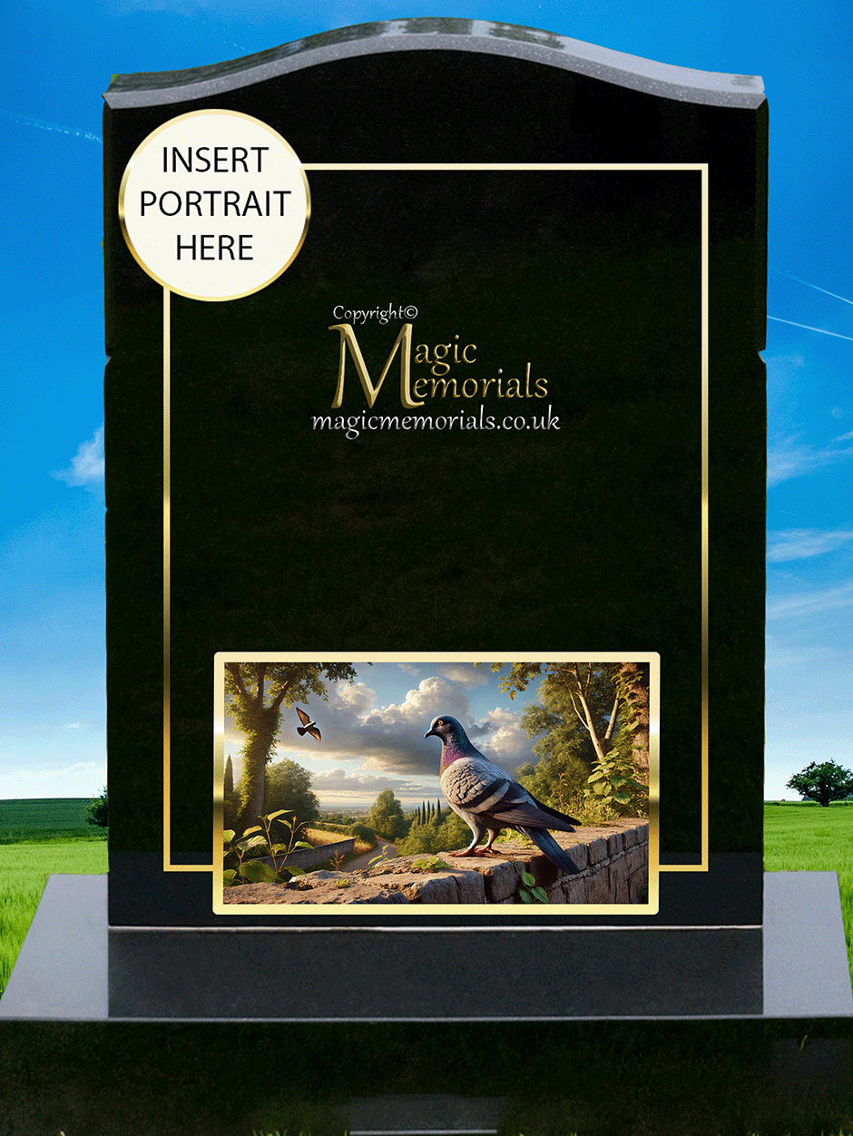 Pigeon Enthusiast Memorial Headstone crafted from premium granite, featuring a beautifully engraved pigeon in flight or at rest. A meaningful tribute for pigeon fanciers, racing enthusiasts, and bird lovers, fully customisable with inscriptions and artwork.