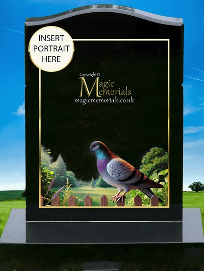 Pigeon Enthusiast Memorial Headstone crafted from premium granite, featuring a beautifully engraved pigeon in flight or at rest. A meaningful tribute for pigeon fanciers, racing enthusiasts, and bird lovers, fully customisable with inscriptions and artwork.