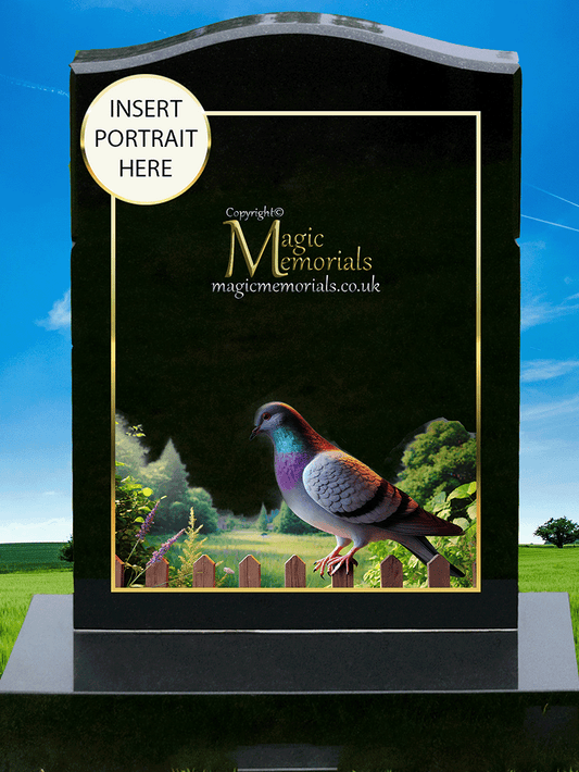 Pigeon Enthusiast Memorial Headstone crafted from premium granite, featuring a beautifully engraved pigeon in flight or at rest. A meaningful tribute for pigeon fanciers, racing enthusiasts, and bird lovers, fully customisable with inscriptions and artwork.