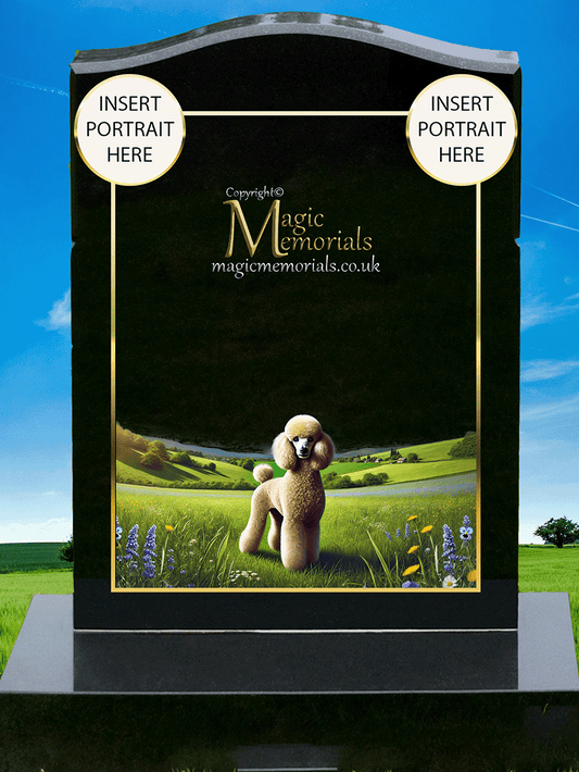 Poodle Lover Memorial Headstone crafted from premium granite, featuring high-resolution Poodle imagery and a personalised inscription. A timeless and elegant tribute for Poodle owners and dog lovers.