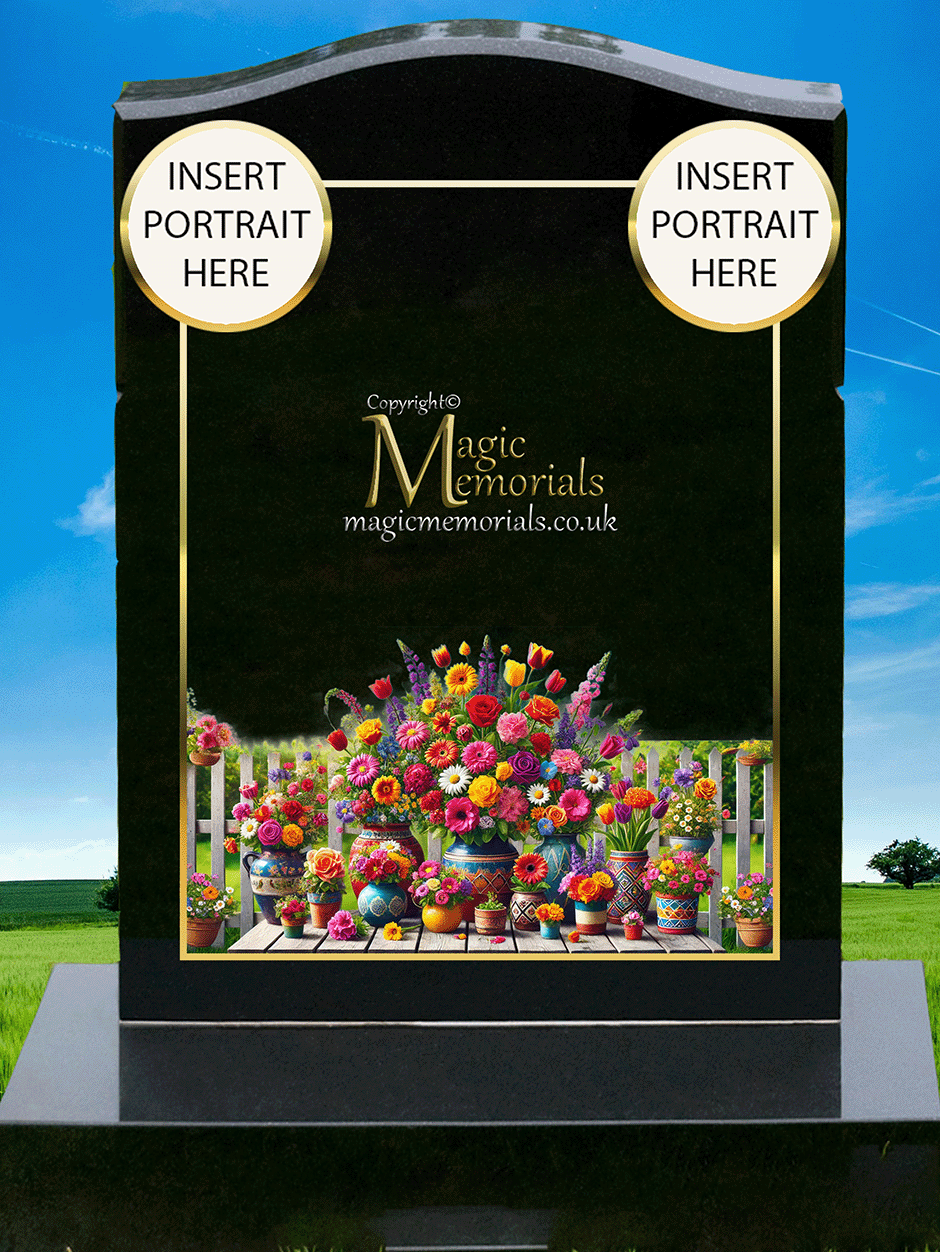 Custom granite memorial headstone featuring high-resolution imagery of potted flowers with a personalised inscription. A beautiful tribute to a flower enthusiast or patio gardener.
