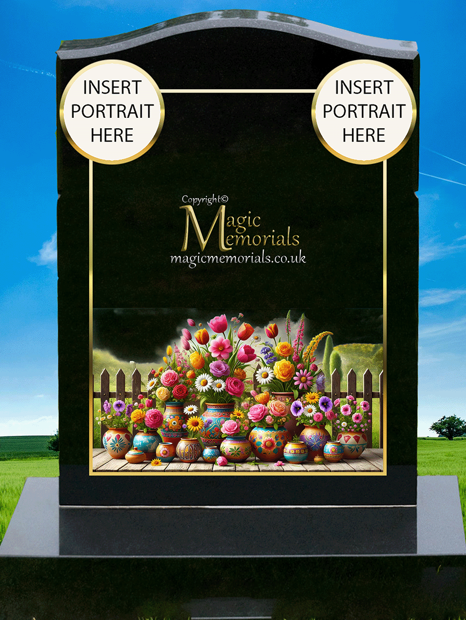 Custom granite memorial headstone featuring high-resolution imagery of potted flowers with a personalised inscription. A beautiful tribute to a flower enthusiast or patio gardener.