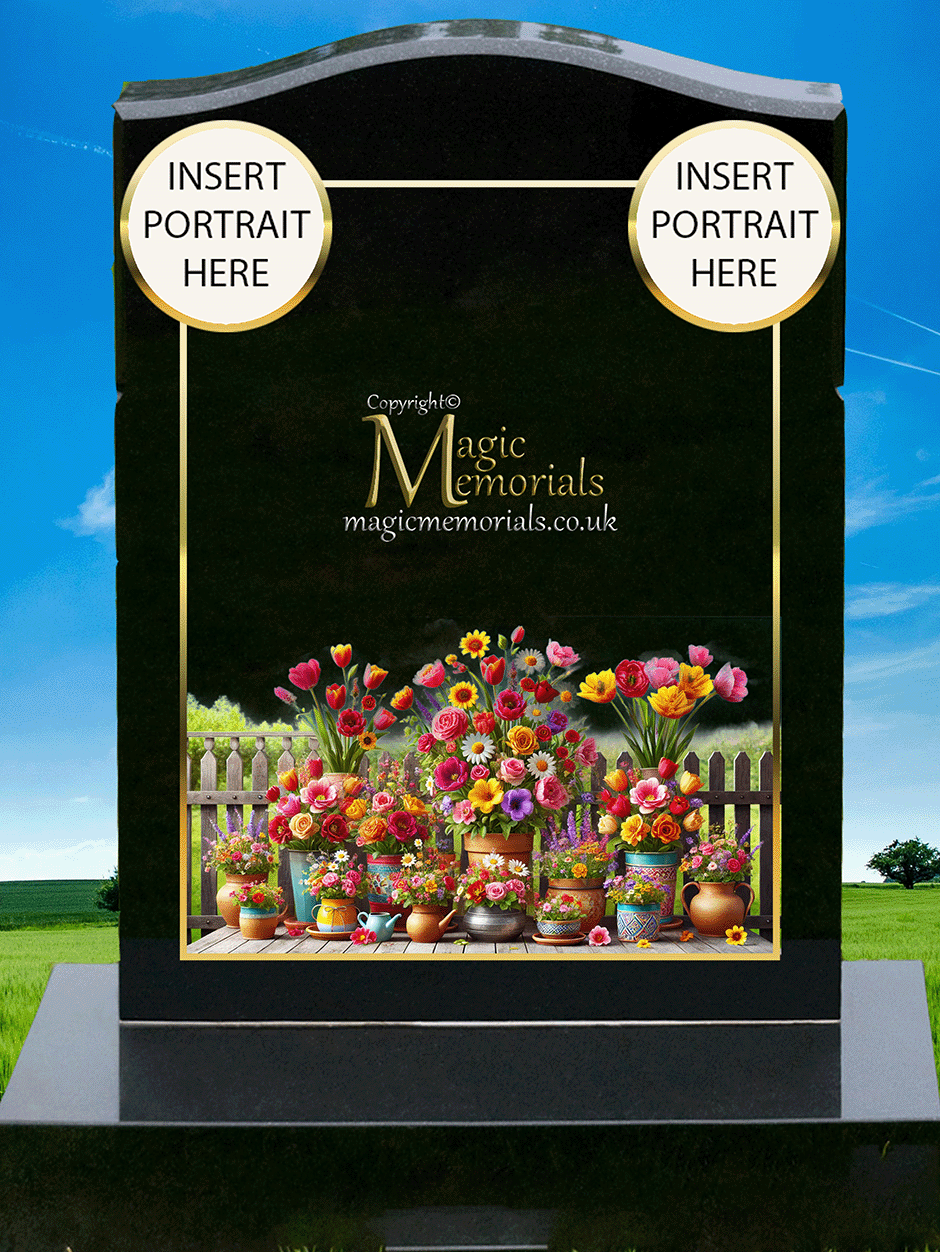 Custom granite memorial headstone featuring high-resolution imagery of potted flowers with a personalised inscription. A beautiful tribute to a flower enthusiast or patio gardener.