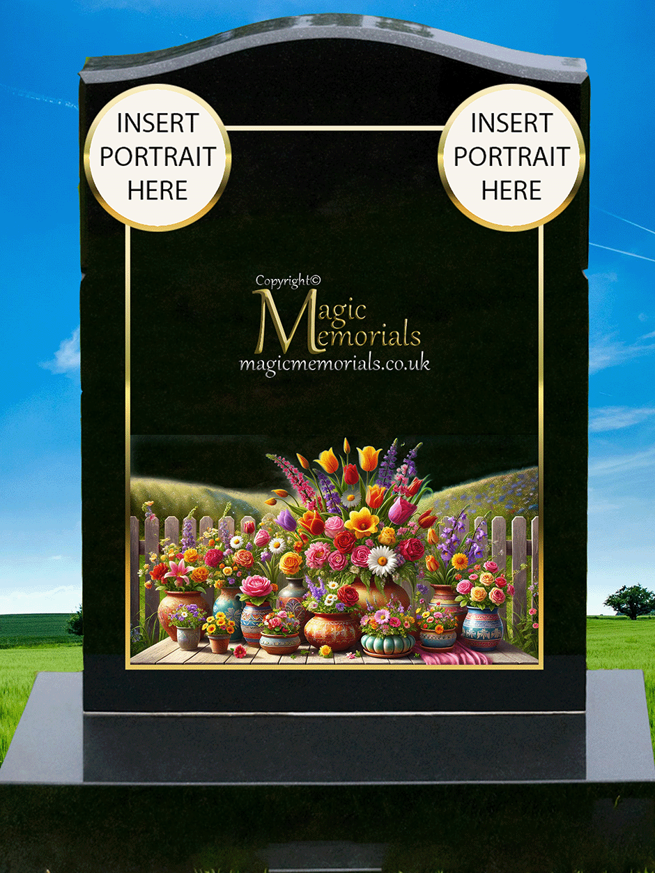 Custom granite memorial headstone featuring high-resolution imagery of potted flowers with a personalised inscription. A beautiful tribute to a flower enthusiast or patio gardener.
