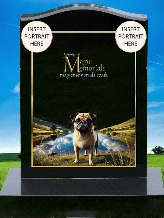 Pug Lover Memorial Headstone crafted from premium granite, featuring high-resolution Pug imagery and a personalised inscription. A touching and joyful tribute for Pug owners and enthusiasts.