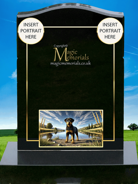 Rottweiler Lover Memorial Headstone crafted from premium granite, featuring high-resolution Rottweiler imagery and a personalised inscription. A powerful tribute for Rottweiler fans and owners.

