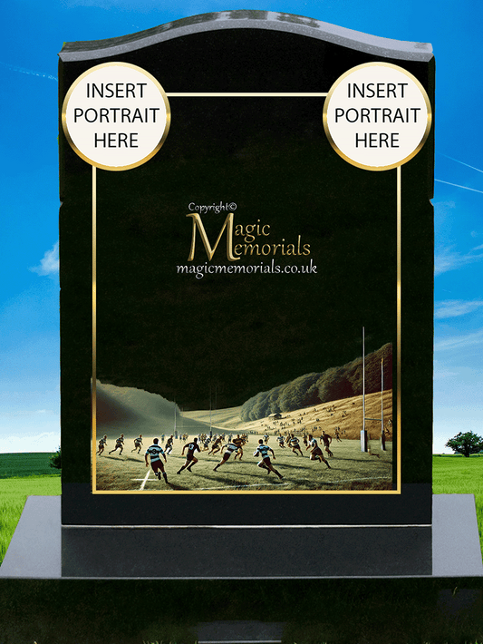 Rugby memorial headstone made from premium granite, featuring high-resolution rugby imagery and a personalised inscription. A bold and heartfelt tribute for a rugby player or fan.