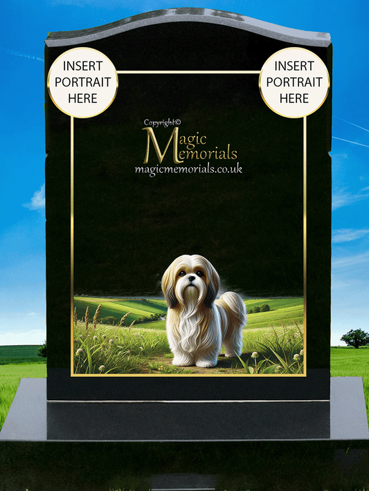 Shih Tzu Lover Memorial Headstone crafted from premium granite, featuring high-resolution Shih Tzu imagery and a personalised inscription. A beautiful tribute for dog lovers and Shih Tzu enthusiasts