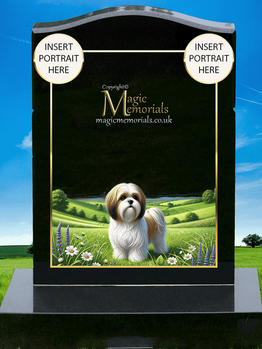 Shih Tzu Lover Memorial Headstone crafted from premium granite, featuring high-resolution Shih Tzu imagery and a personalised inscription. A beautiful tribute for dog lovers and Shih Tzu enthusiasts