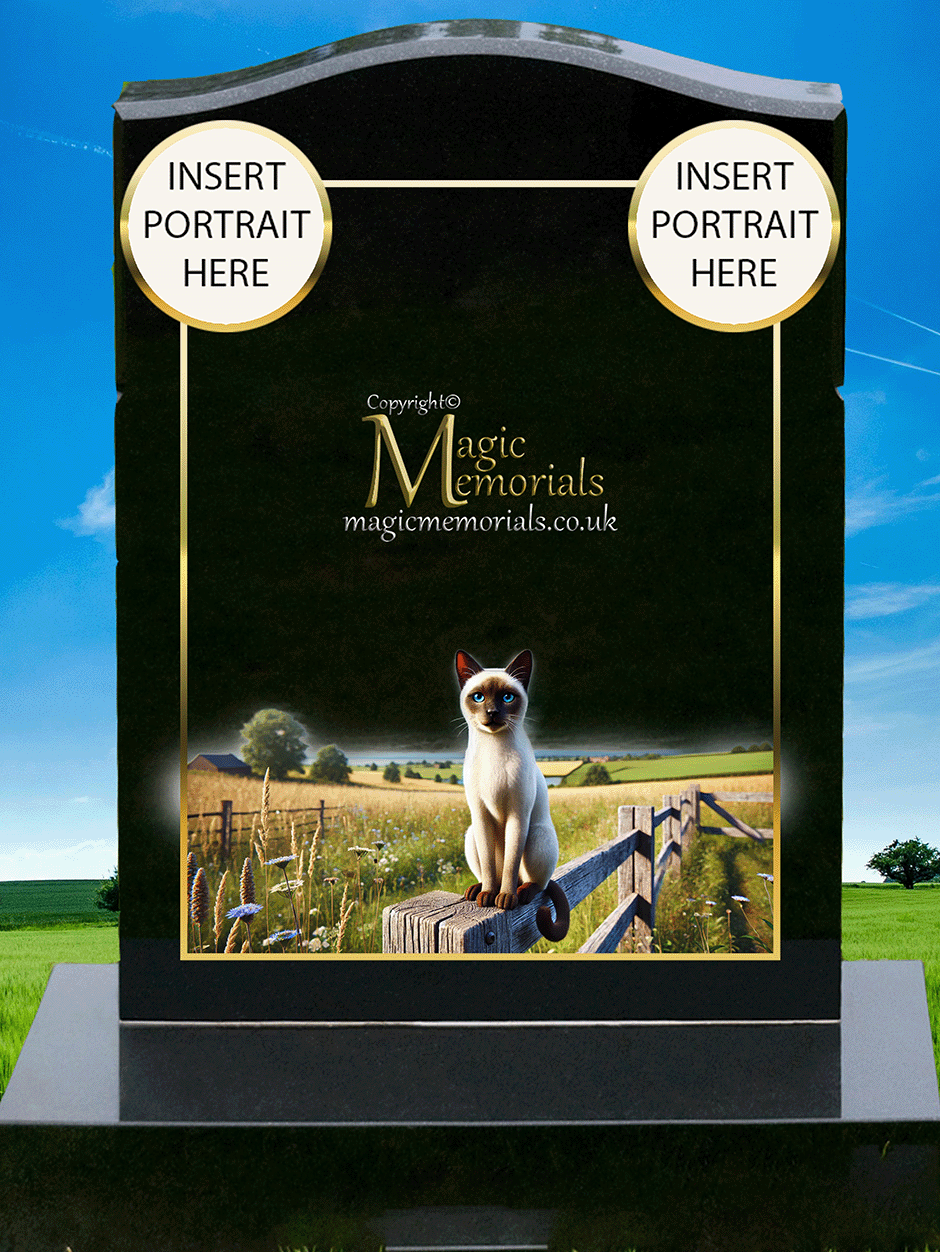Siamese Cat Lover Memorial Headstone crafted from premium granite, featuring high-resolution Siamese cat imagery and personalised inscription. A timeless tribute to a vocal and elegant feline companion.