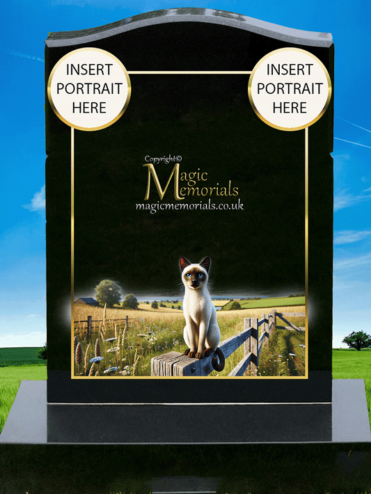 Siamese Cat Lover Memorial Headstone crafted from premium granite, featuring high-resolution Siamese cat imagery and personalised inscription. A timeless tribute to a vocal and elegant feline companion.