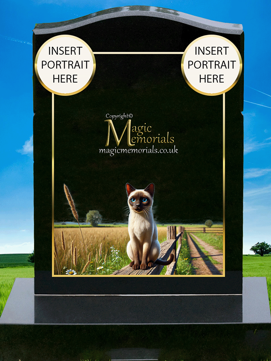 Siamese Cat Lover Memorial Headstone crafted from premium granite, featuring high-resolution Siamese cat imagery and personalised inscription. A timeless tribute to a vocal and elegant feline companion.