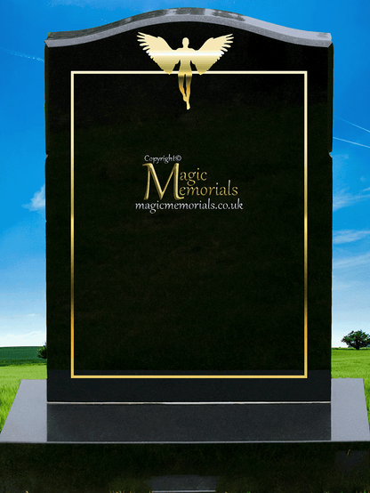 Traditional silhouette memorial headstone crafted from premium granite. Custom silhouettes available in four sizes, elegantly integrated into the border, perfect for churchyard restrictions.