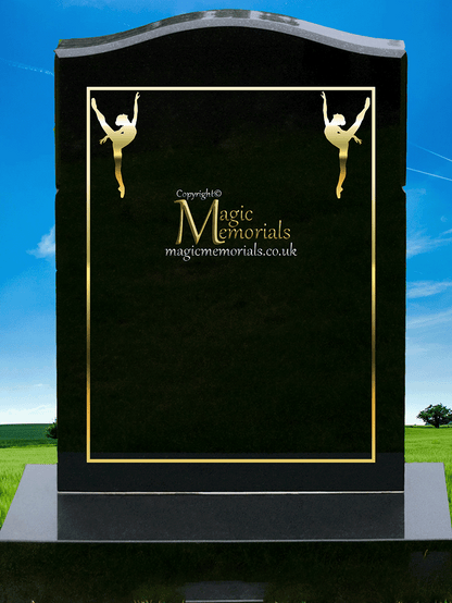 Traditional silhouette memorial headstone crafted from premium granite. Custom silhouettes available in four sizes, elegantly integrated into the border, perfect for churchyard restrictions.