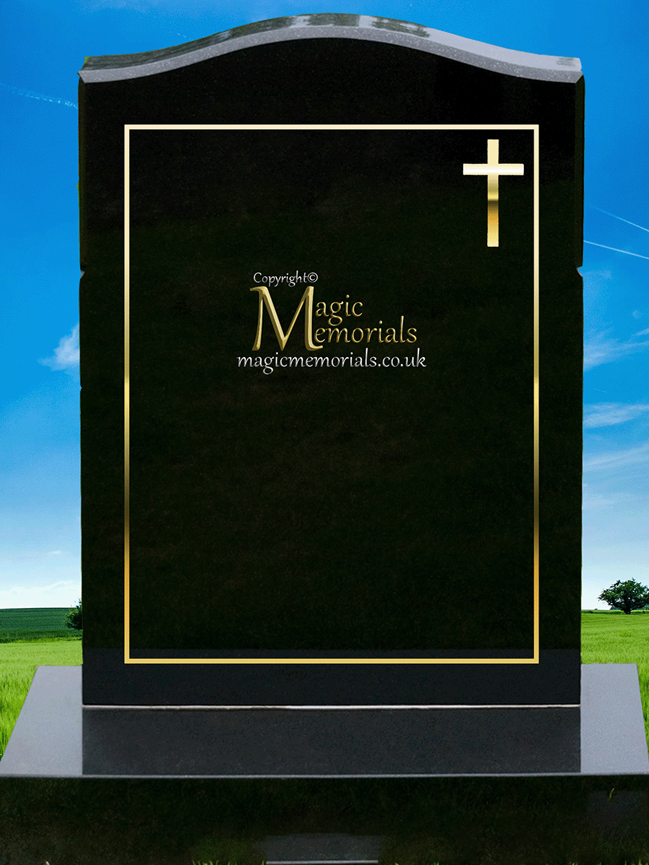 Traditional silhouette memorial headstone crafted from premium granite. Custom silhouettes available in four sizes, elegantly integrated into the border, perfect for churchyard restrictions.