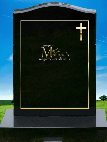 Traditional silhouette memorial headstone crafted from premium granite. Custom silhouettes available in four sizes, elegantly integrated into the border, perfect for churchyard restrictions.