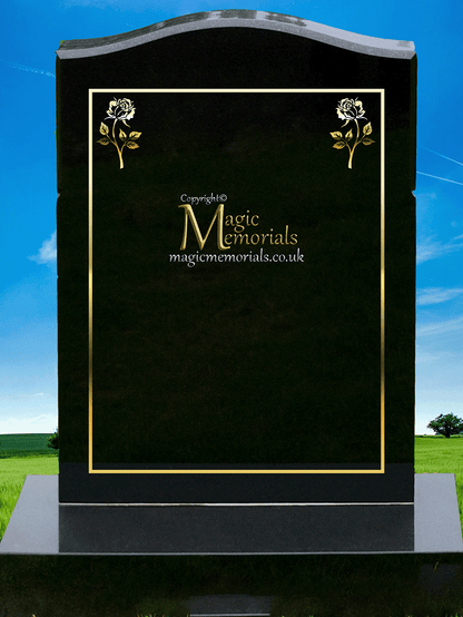 Traditional silhouette memorial headstone crafted from premium granite. Custom silhouettes available in four sizes, elegantly integrated into the border, perfect for churchyard restrictions.