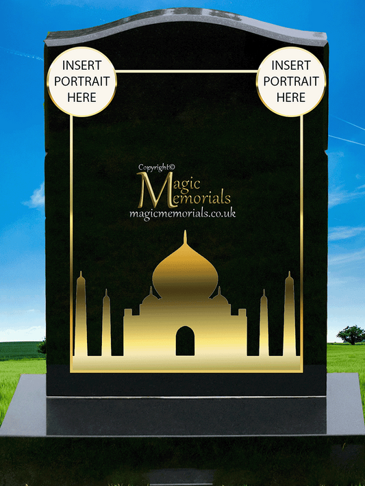 Traditional silhouette memorial headstone crafted from premium granite. Custom silhouettes available in four sizes, elegantly integrated into the border, perfect for churchyard restrictions