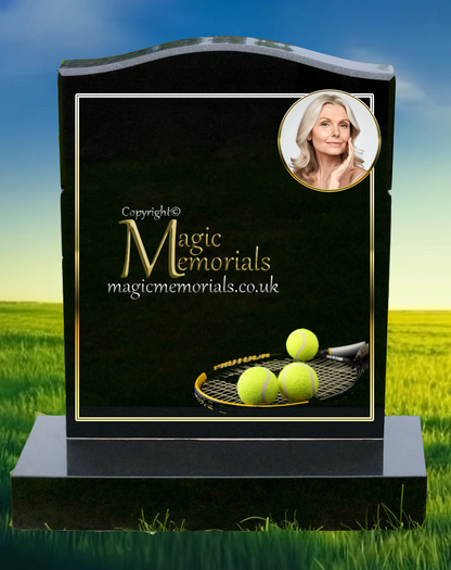 Tennis memorial headstone made from premium granite, featuring high-resolution imagery of tennis rackets and courts with a personalised inscription. A fitting tribute to a tennis enthusiast.