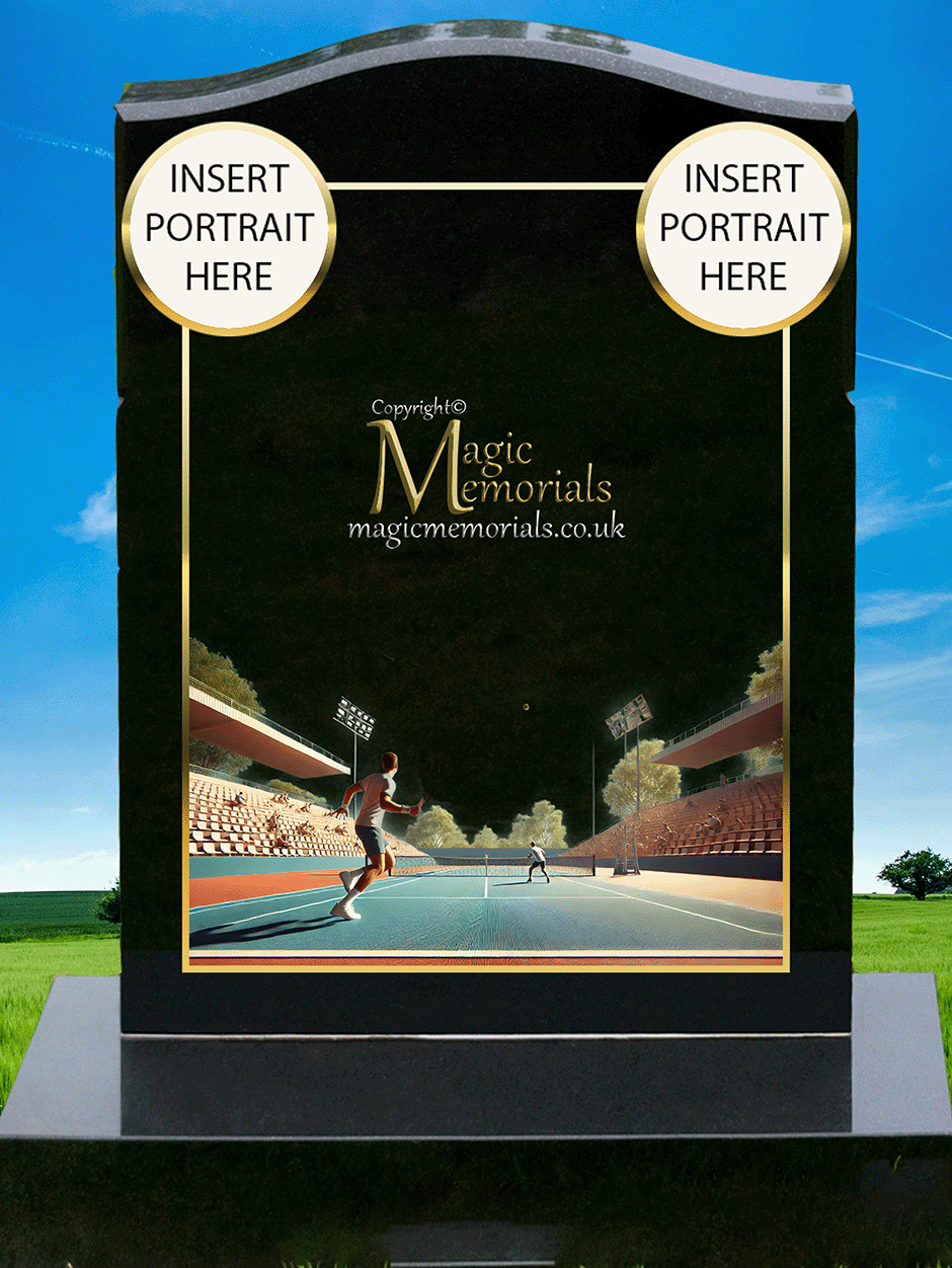 Tennis memorial headstone made from premium granite, featuring high-resolution imagery of tennis rackets and courts with a personalised inscription. A fitting tribute to a tennis enthusiast.

