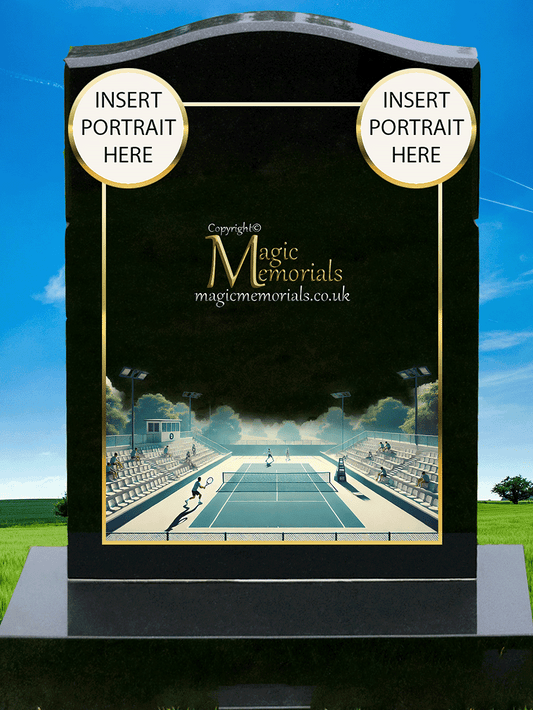 Tennis memorial headstone made from premium granite, featuring high-resolution imagery of tennis rackets and courts with a personalised inscription. A fitting tribute to a tennis enthusiast.