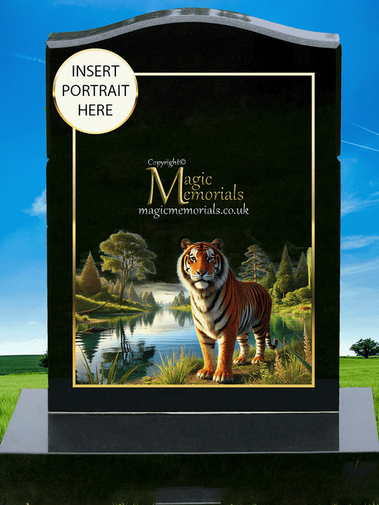 Wild animal memorial headstone crafted from premium granite, featuring a beautifully detailed engraving of a lion, tiger, or wolf. A powerful tribute for wildlife enthusiasts and those who admired nature’s most majestic creatures.