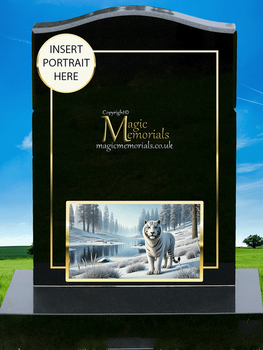 Wild animal memorial headstone crafted from premium granite, featuring a beautifully detailed engraving of a lion, tiger, or wolf. A powerful tribute for wildlife enthusiasts and those who admired nature’s most majestic creatures.