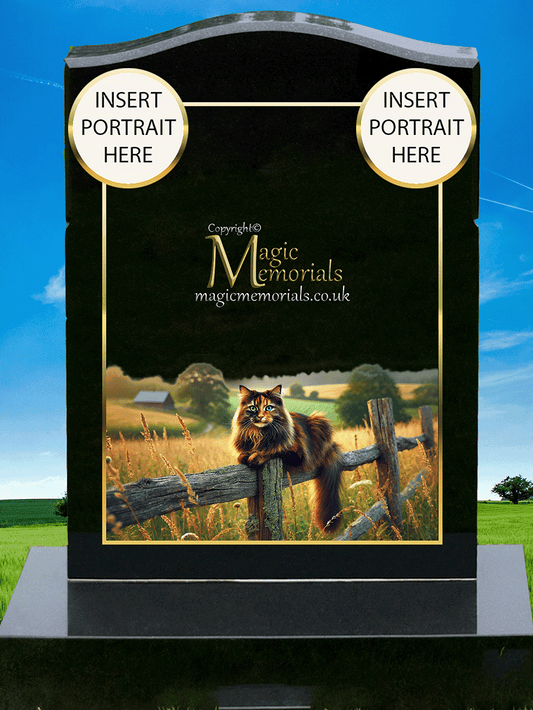 Tortoiseshell Cat Lover Memorial Headstone made from premium granite, featuring high-resolution tortie cat imagery and a personalised inscription. A meaningful tribute to a bold and beloved feline companion.