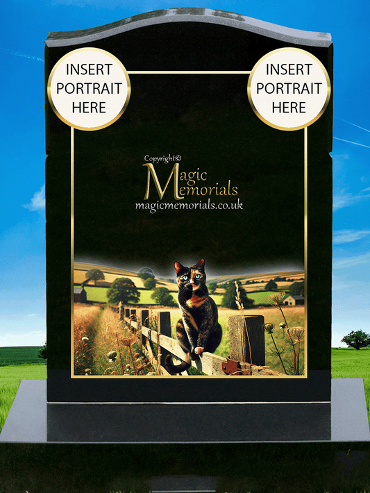 Tortoiseshell Cat Lover Memorial Headstone made from premium granite, featuring high-resolution tortie cat imagery and a personalised inscription. A meaningful tribute to a bold and beloved feline companion.