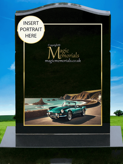 British Car Enthusiast Memorial Headstone crafted from premium granite, featuring a beautifully engraved Aston Martin, Bentley, Jaguar, Rolls-Royce, Lotus, Mini, or other British car design. A meaningful tribute for classic and modern British car lovers, fully customisable with inscriptions and artwork.