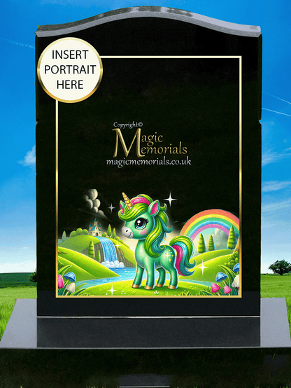 Children’s unicorn-themed memorial headstone crafted from premium granite, featuring gentle, colourful unicorn imagery and personalised inscriptions. A comforting tribute for a child filled with wonder.