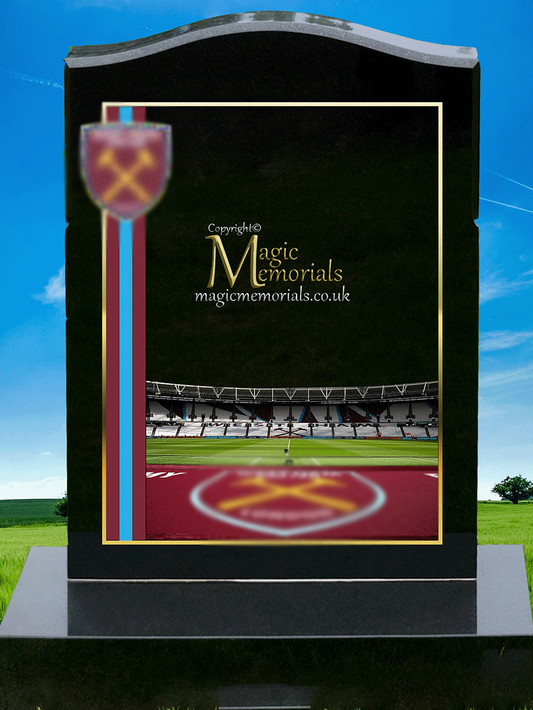 West Ham United Supporter Memorial Headstone crafted from premium granite, featuring high-resolution images and a personalised inscription. A meaningful tribute for devoted Hammers fans, fully customisable with names, dates, and heartfelt messages.