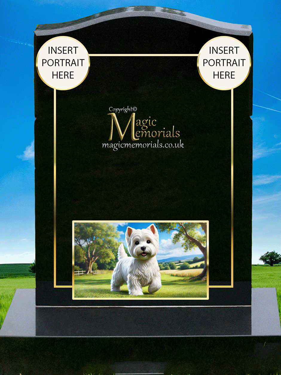 West Highland Terrier Lover Memorial Headstone made from premium granite, featuring high-resolution Westie imagery and a personalised inscription. A charming tribute to a much-loved and loyal small dog breed.