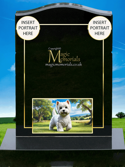 West Highland Terrier Lover Memorial Headstone made from premium granite, featuring high-resolution Westie imagery and a personalised inscription. A charming tribute to a much-loved and loyal small dog breed.
