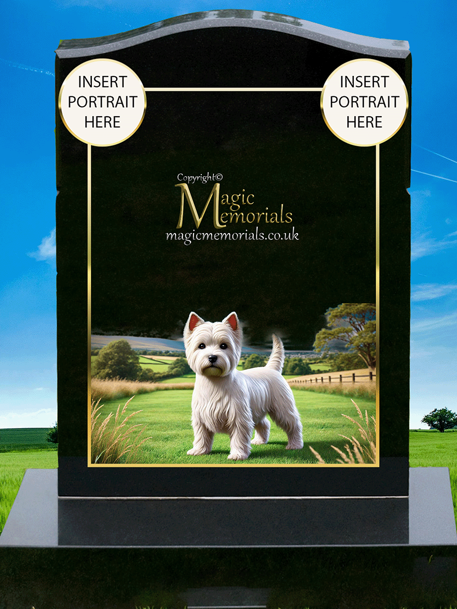 West Highland Terrier Lover Memorial Headstone made from premium granite, featuring high-resolution Westie imagery and a personalised inscription. A charming tribute to a much-loved and loyal small dog breed.