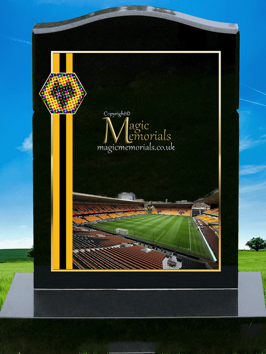 Wolverhampton Wanderers Supporter Memorial Headstone crafted from premium granite, featuring high-resolution images and a personalised inscription. A meaningful tribute for devoted Wolves fans, fully customisable with names, dates, and heartfelt messages.